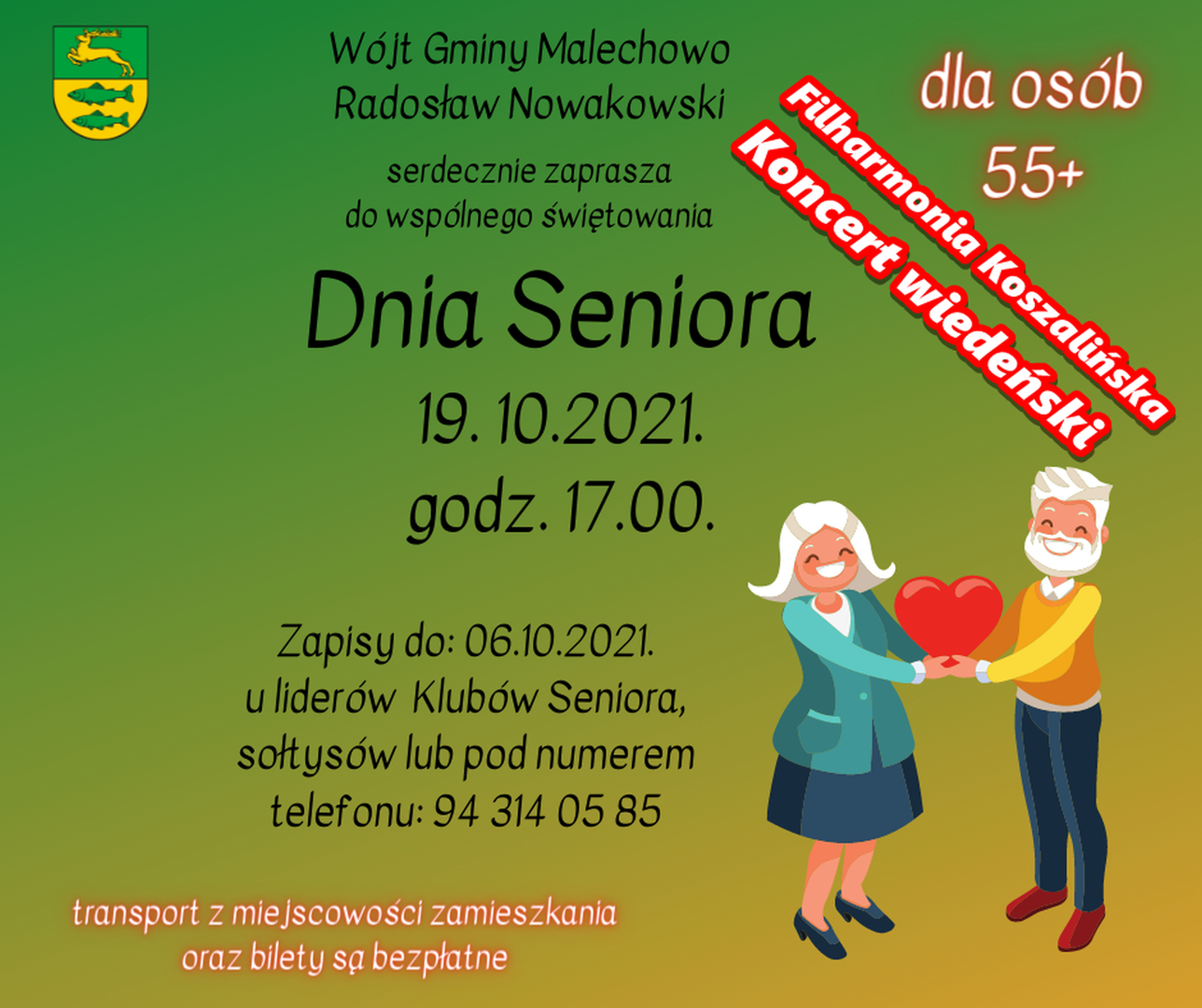 Plakat z zaproszeniem na wyjazd z okazji Dnia Seniora, który odbędzie się 19 października o godzinie 17:00.