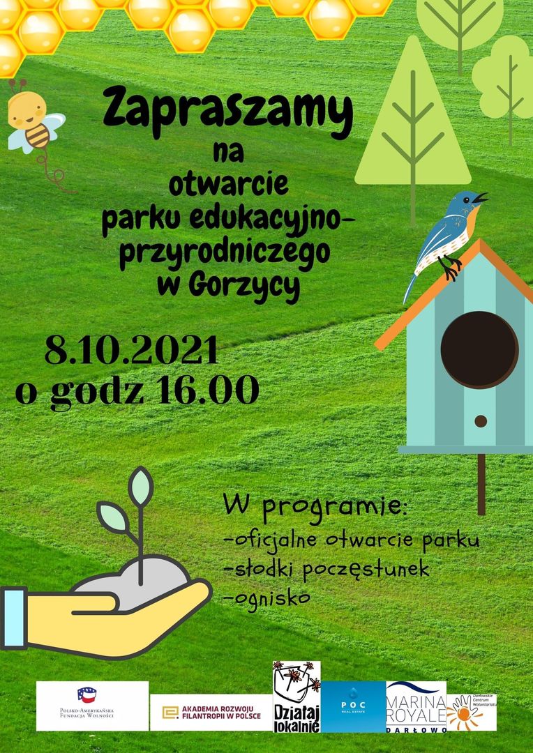 Plakat informujący o otwarciu parku w Gorzycy. 