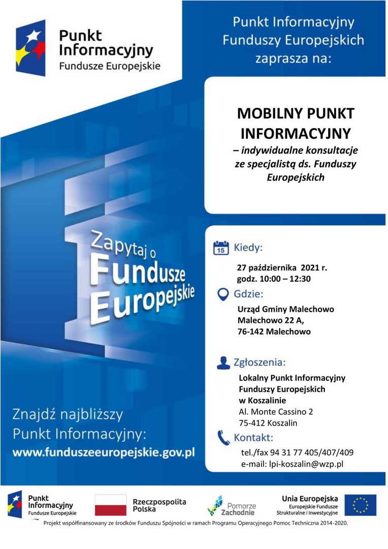 Plakat informujący o Mobilnym Punkcie Informacyjnym Funduszy Europejskich.
