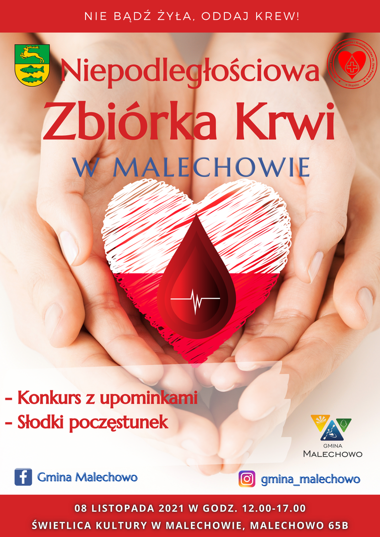 Plakat dotyczący Niepodległościowej Zbiórki Krwi w Malechowie, 8 listopada br.