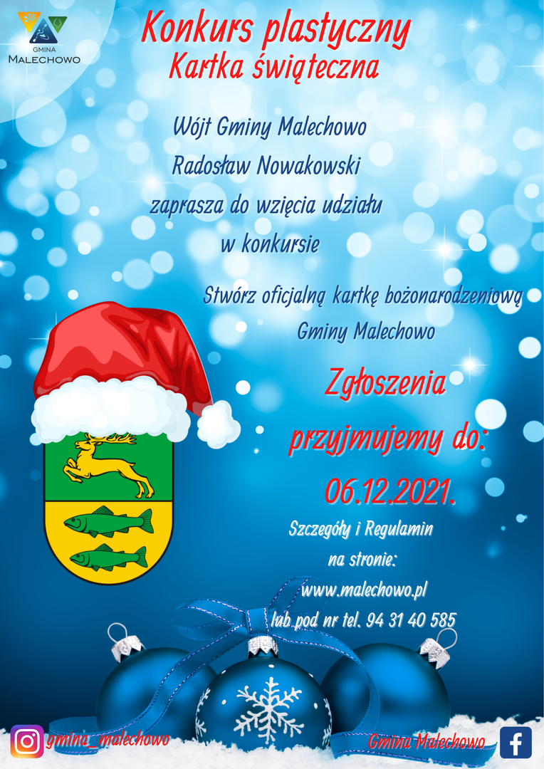Plakat dotyczący konkursu na oficjalną kartkę bożonarodzeniową Gminy Malechowo 2021.