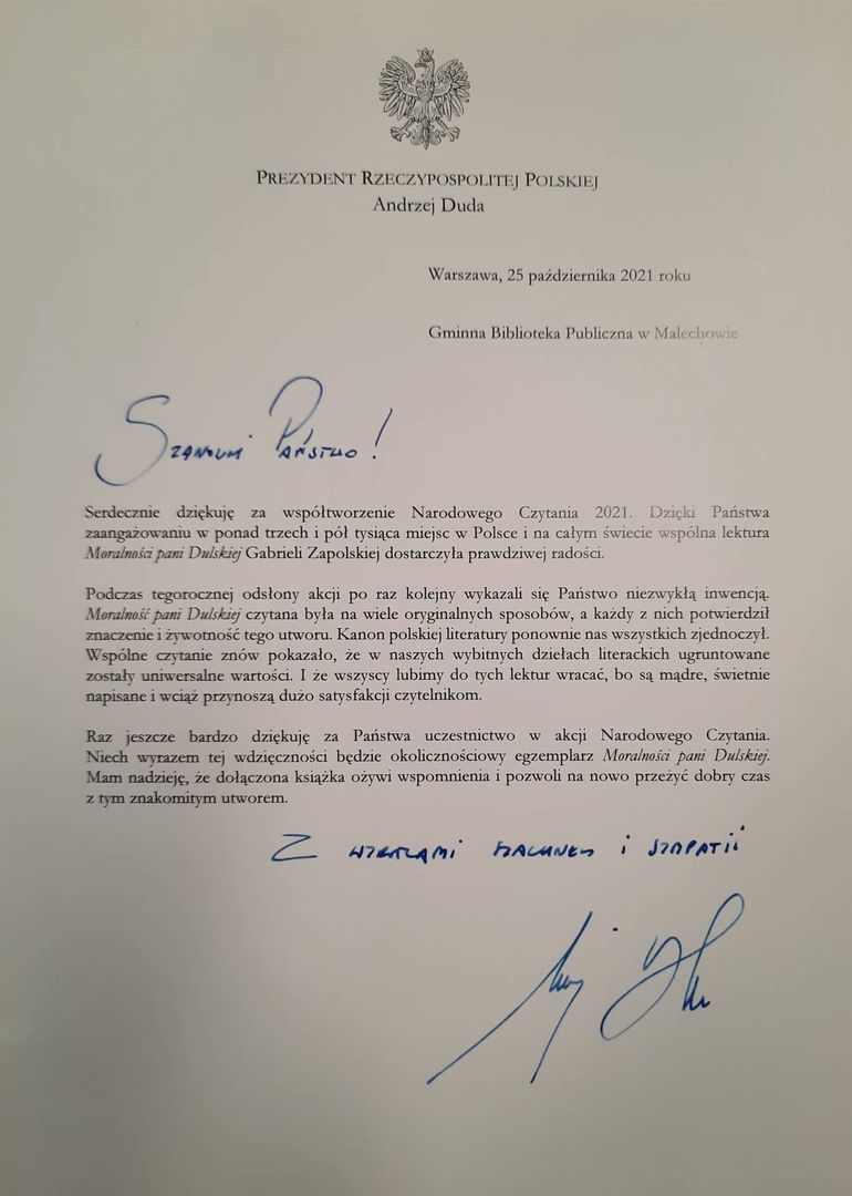 Podziękowania od Prezydenta Andrzeja Dudy.