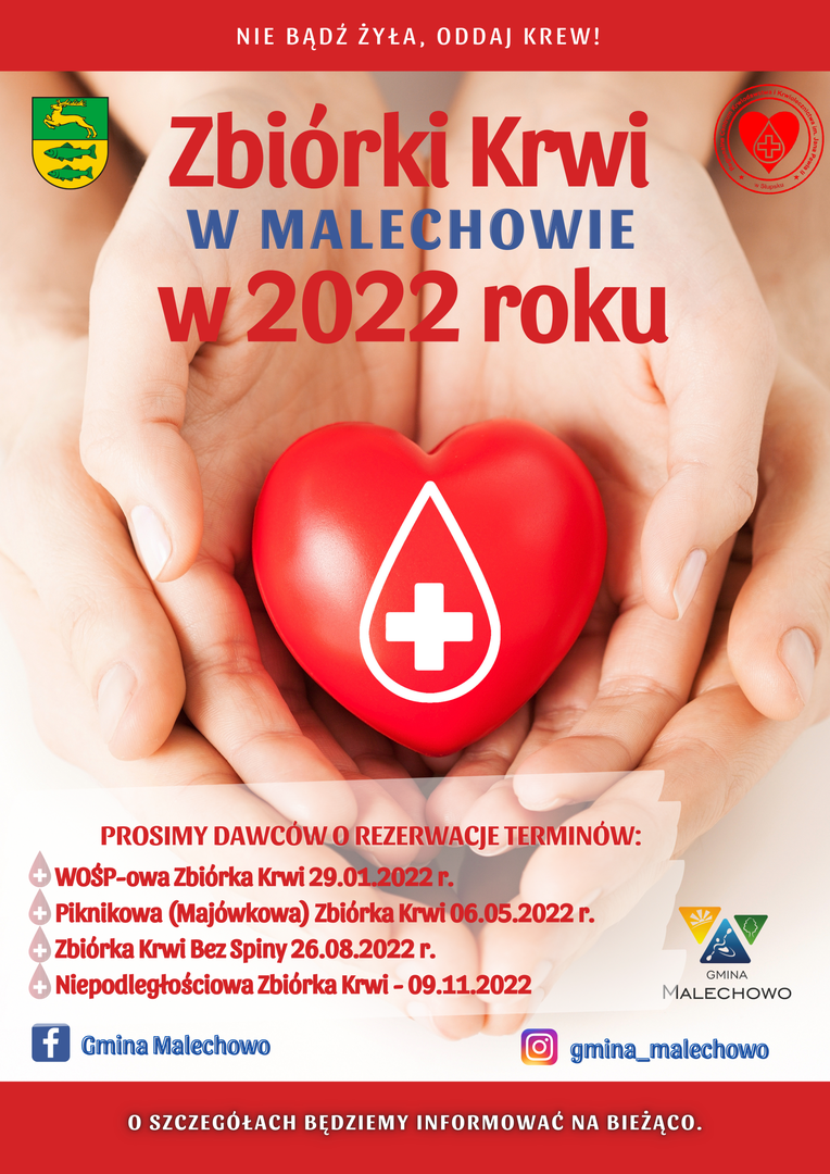 Plakat dotyczący zaplanowanych w 2022 r. zbiórek krwi w Świetlicy Kultury w Malechowie.