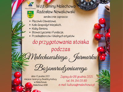 Plakat informujący wystawców o możliwości zgłaszania udziału w Jarmarku Bożonarodzeniowym.