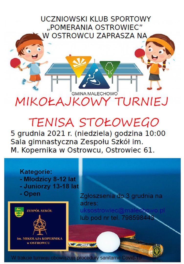Plakat informujący o Mikołajkowym Turnieju Tenisa Stołowego w Ostrowcu.