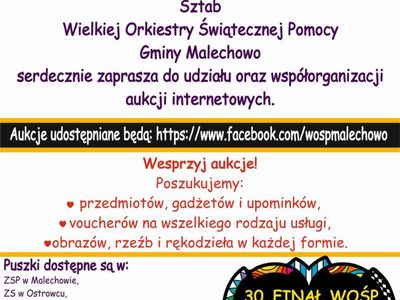 Plakat WOŚP w Gminie Malechowo, zaproszenie do udziału w akcji.