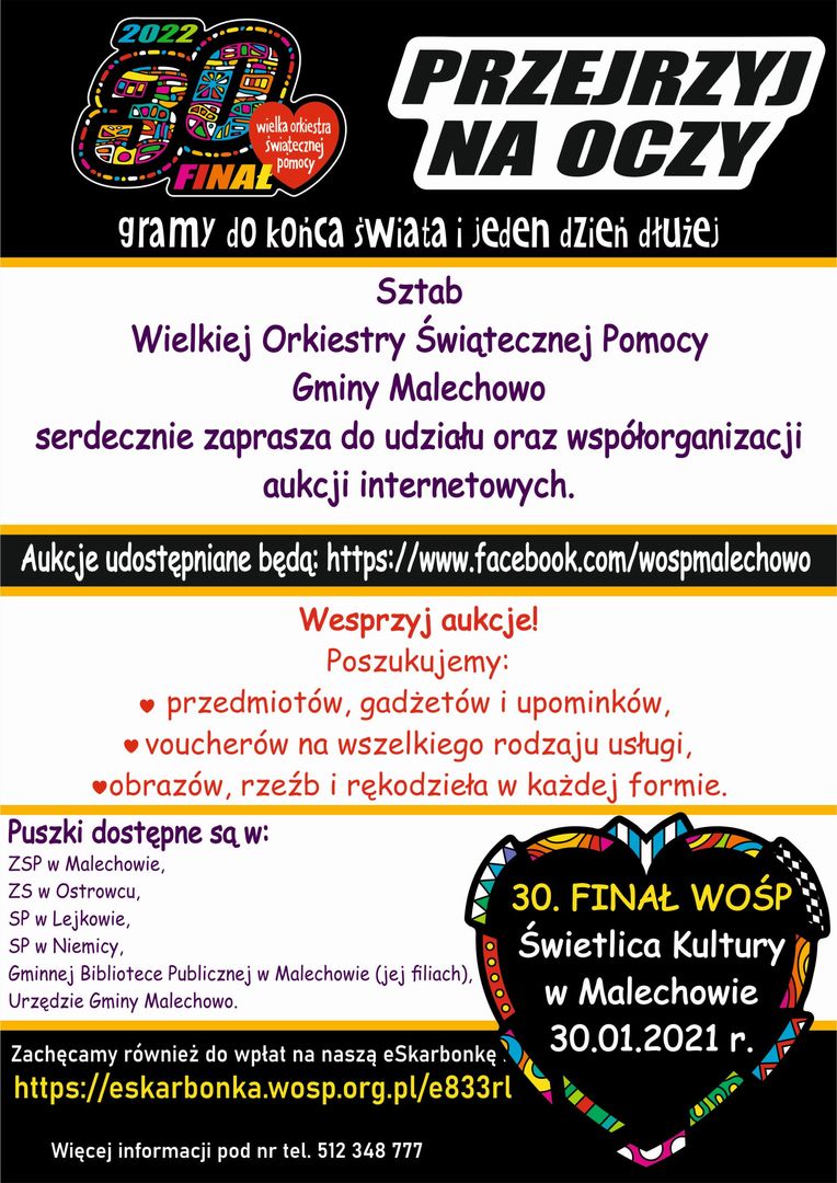 Plakat WOŚP w Gminie Malechowo, zaproszenie do udziału w akcji. 