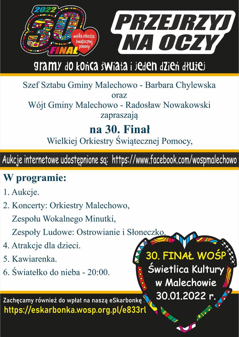 Zaproszenie na 30. Finał WOŚP w Świetlicy Kultury w Malechowie.