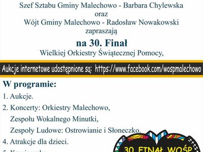 Zaproszenie na 30. Finał WOŚP w Świetlicy Kultury w Malechowie.