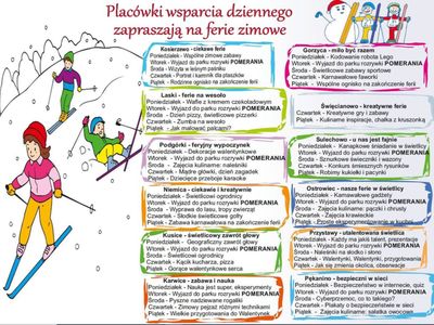 Harmonogram zajęć w Placówkach Wsparcia Dziennego w drugim tygodniu ferii.