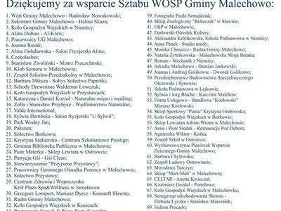 Lista partnerów, instytucji i osób, które wsparły Sztab WOŚP Gminy Malechowo podczas 30. finału WOŚP w Malechowie.