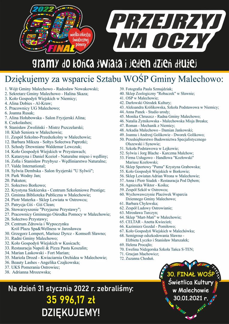 Lista partnerów, instytucji i osób, które wsparły Sztab WOŚP Gminy Malechowo podczas 30. finału WOŚP w Malechowie. 