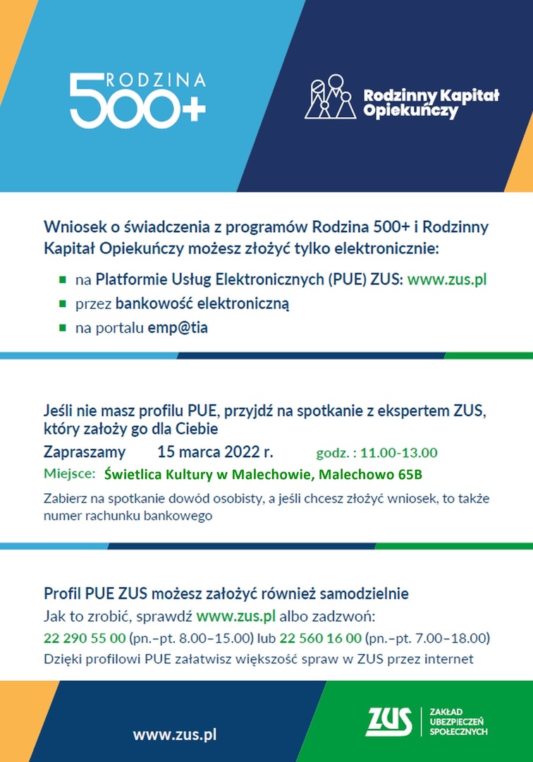 Mobilne Biuro ZUS w Świetlicy Kultury w Malechowie, plakat.