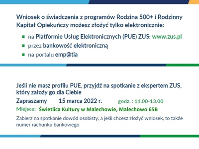 Mobilne Biuro ZUS w Świetlicy Kultury w Malechowie, plakat.
