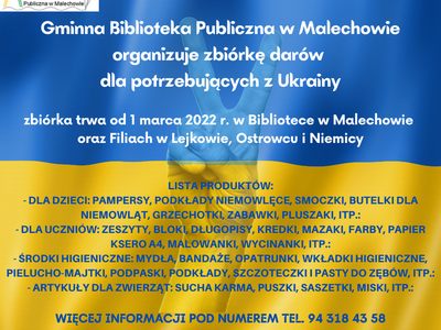 Plakat dotyczący zbiórki darów w Gminnej Bibliotece Publicznej w Malechowie.