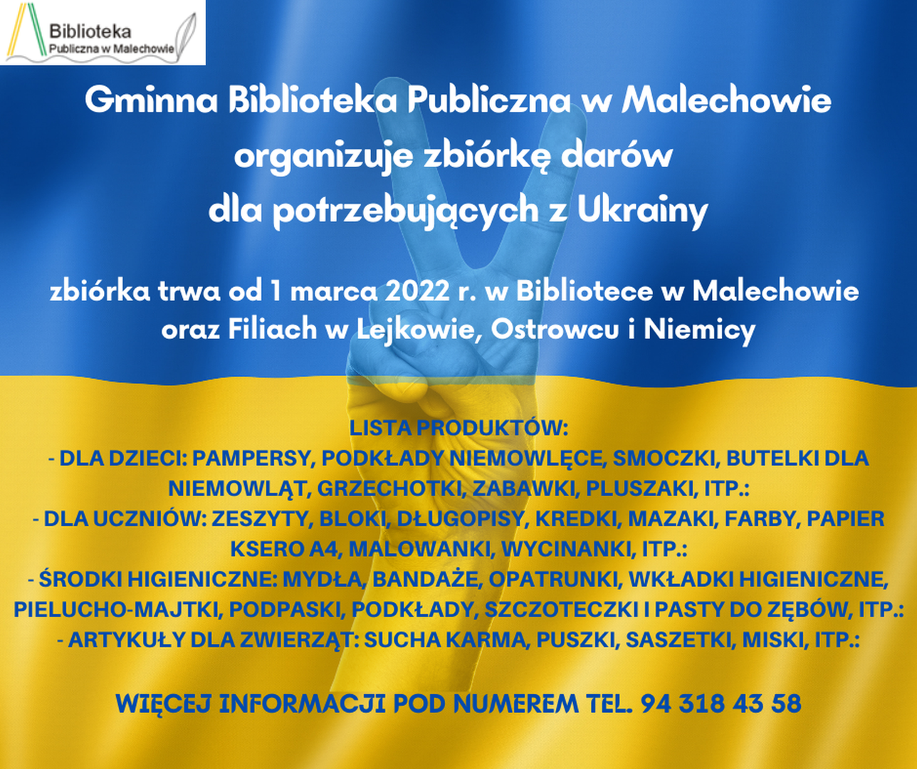 Plakat dotyczący zbiórki darów w Gminnej Bibliotece Publicznej w Malechowie.