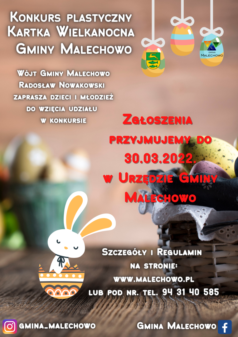 Plakat informacyjny o konkursie plastycznym na oficjalną Kartkę Gminy Malechowo.