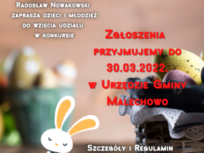 Plakat informacyjny o konkursie plastycznym na oficjalną Kartkę Gminy Malechowo.
