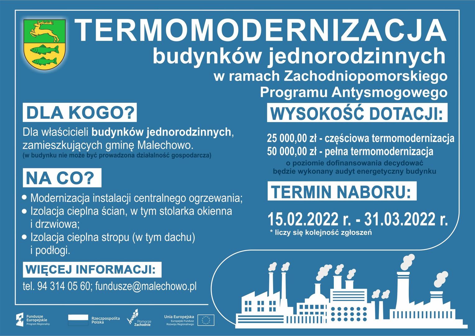 Plakat informacyjny dot. działania 2.15 Termomodernizacja budynków jednorodzinnych.
