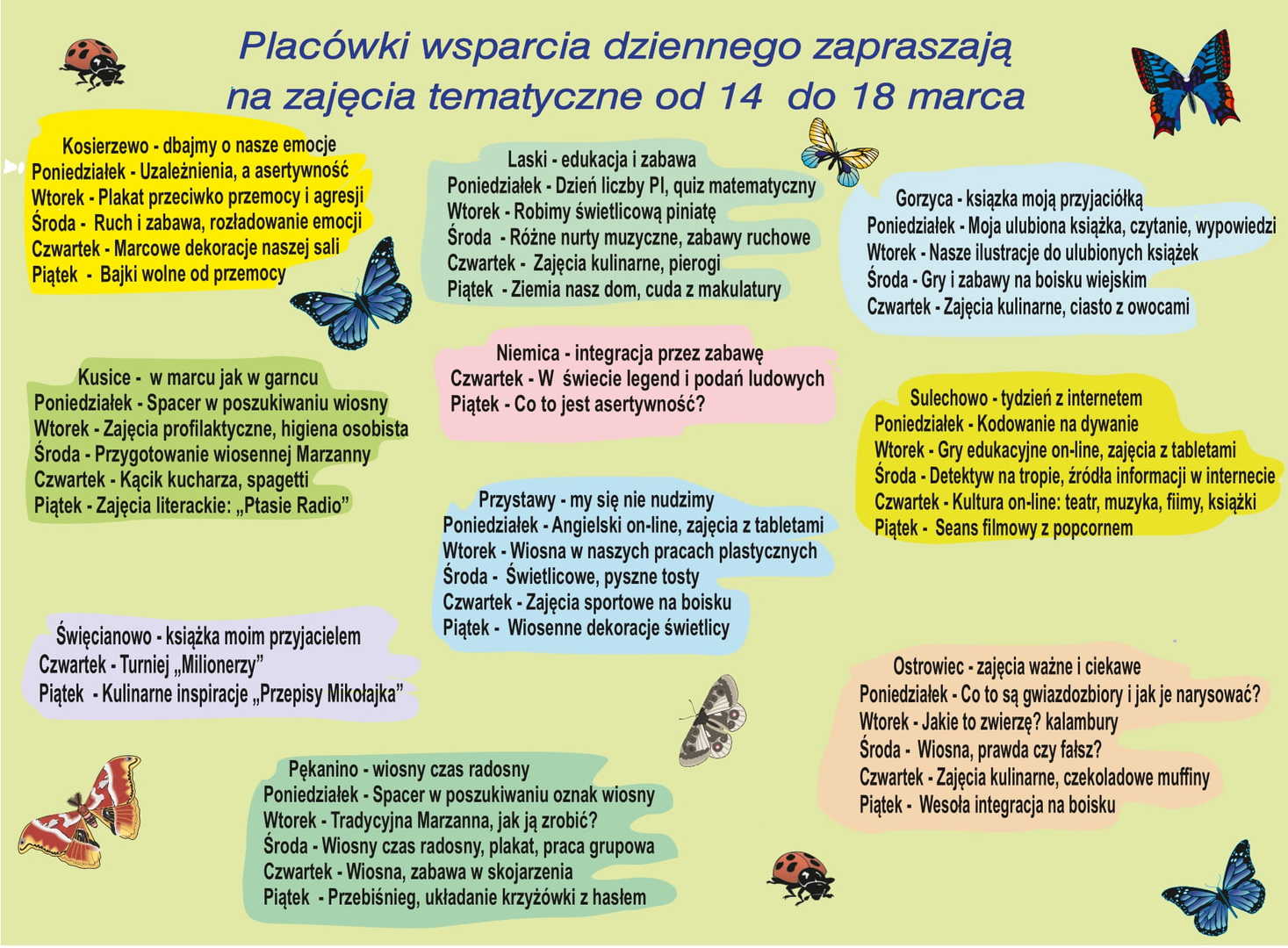 Harmonogram zajęć w Placówkach Wsparcia Dziennego w dniach 14-18 marca