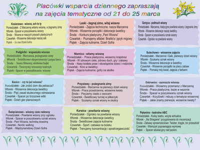 Harmonogram zajęć w Placówkach Wsparcia Dziennego w dniach 21 - 25 marca.
