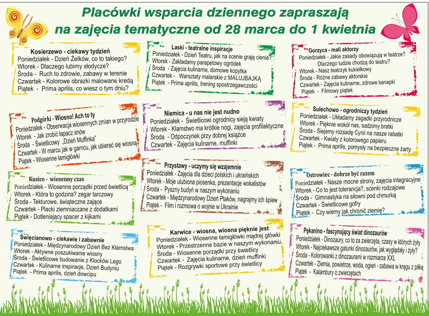 Harmonogram zajęć w Placówkach Wsparcia Dziennego w dniach 28.03 - 01.04.