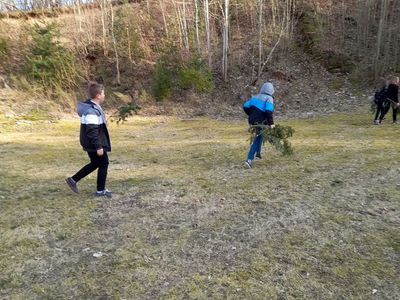 Dzieci zbierające gałęzie przy wiacie ogniskowej w Sulechowie.