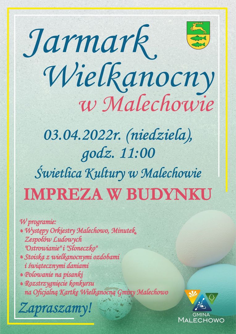 Plakat informujący o zmianie - jarmark w budynku Świetlicy Kultury w Malechowie.