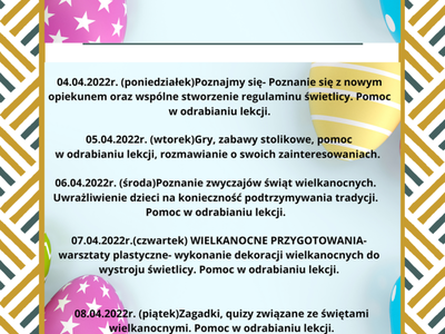 Harmonogram zajęć w Świetlicy Kultury w Malechowie w dniach 4 - 8 kwietnia br.