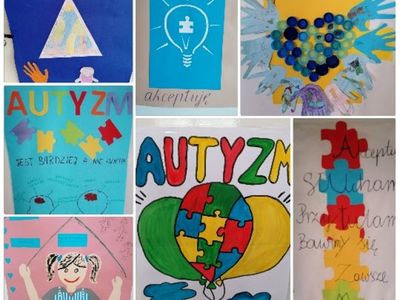 Plakaty dotyczące autyzmu wykonane przez dzieci z Lejkowa. 