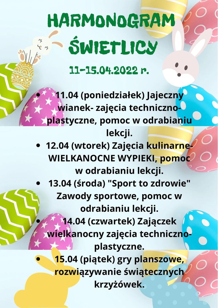 Harmonogram zajęć w Świetlicy Kultury w Malechowie.