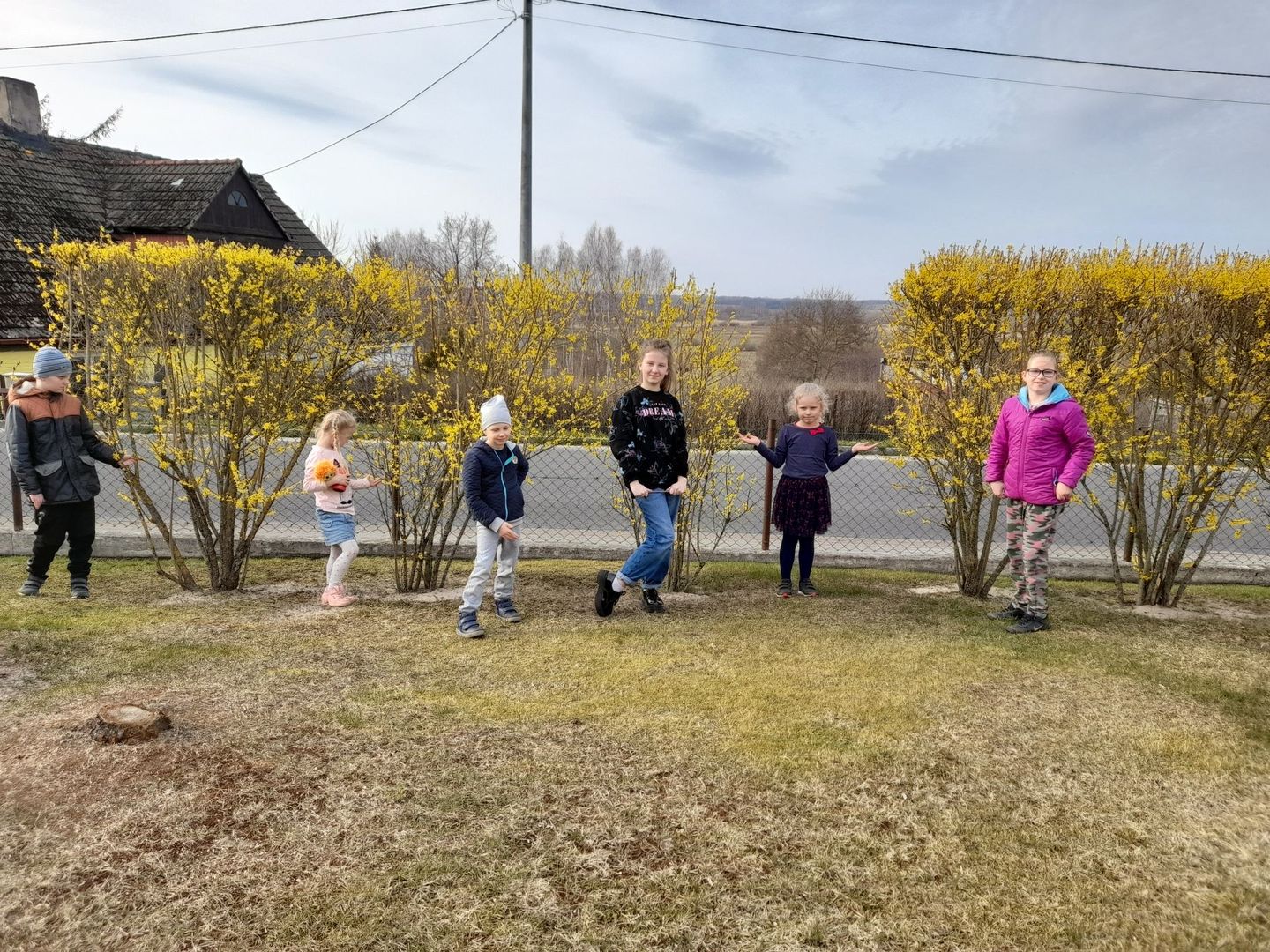 Dzieci z Placówki Wsparcia Dziennego w Sulechowie pozują do zdjęcia przy forsycjach.