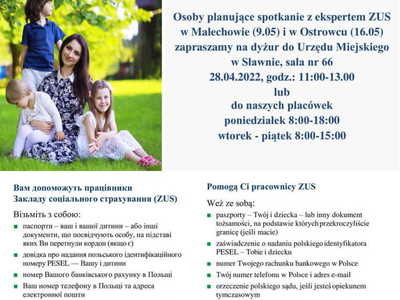 Plakat informujący o zmianie miejsca i daty spotkania z ekspertem ZUS.