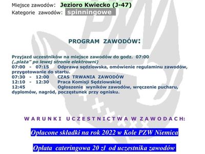 Plakat dotyczący zawodów spinningowych.