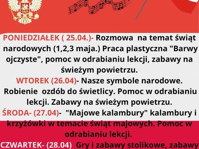 Harmonogram zajęć w dniach 25-29 kwietnia.