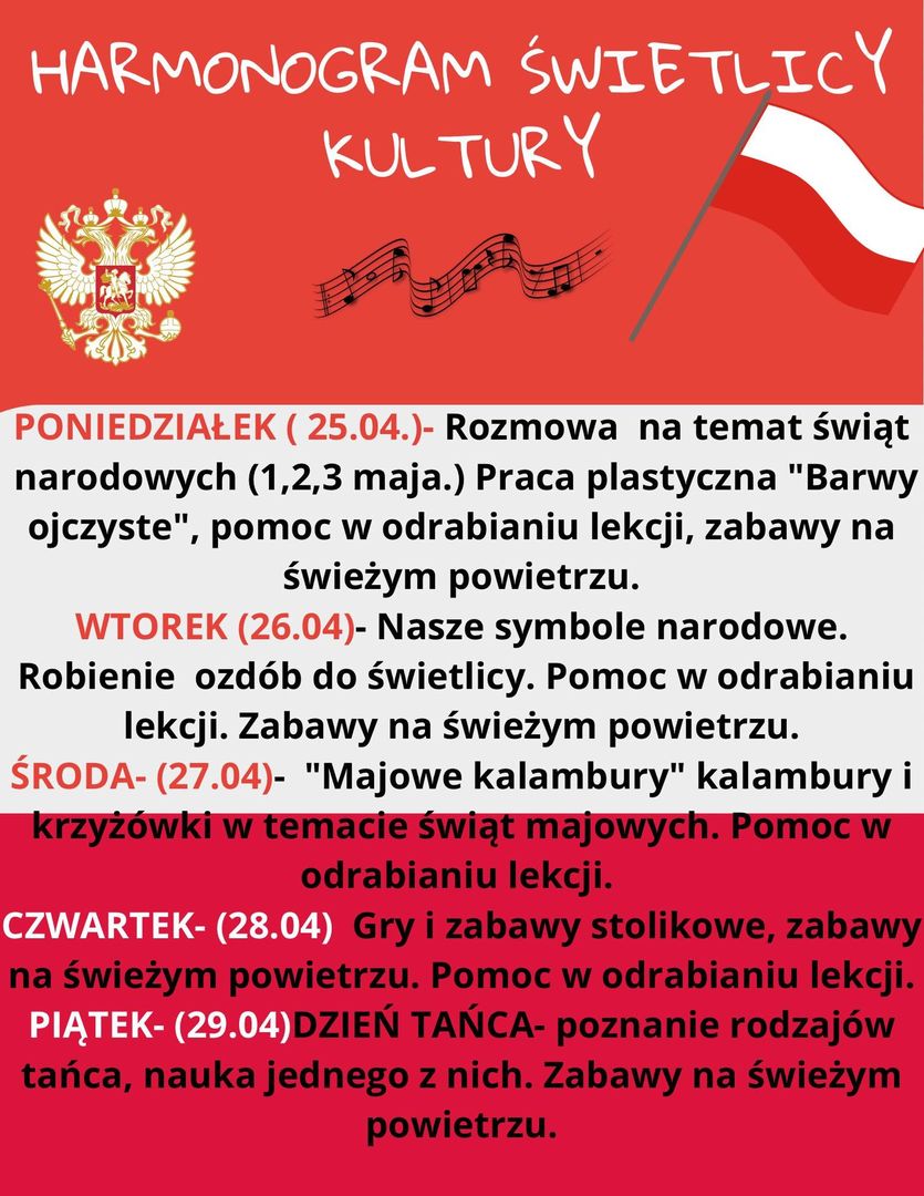 Harmonogram zajęć w dniach 25-29 kwietnia.