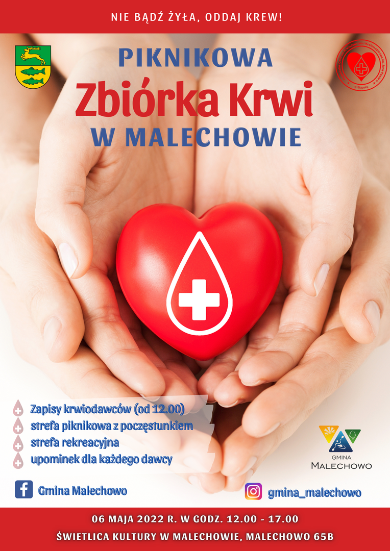 Plakat dotyczący Piknikowej Zbiórki Krwi w Świetlicy Kultury w Malechowie - 6 maja.