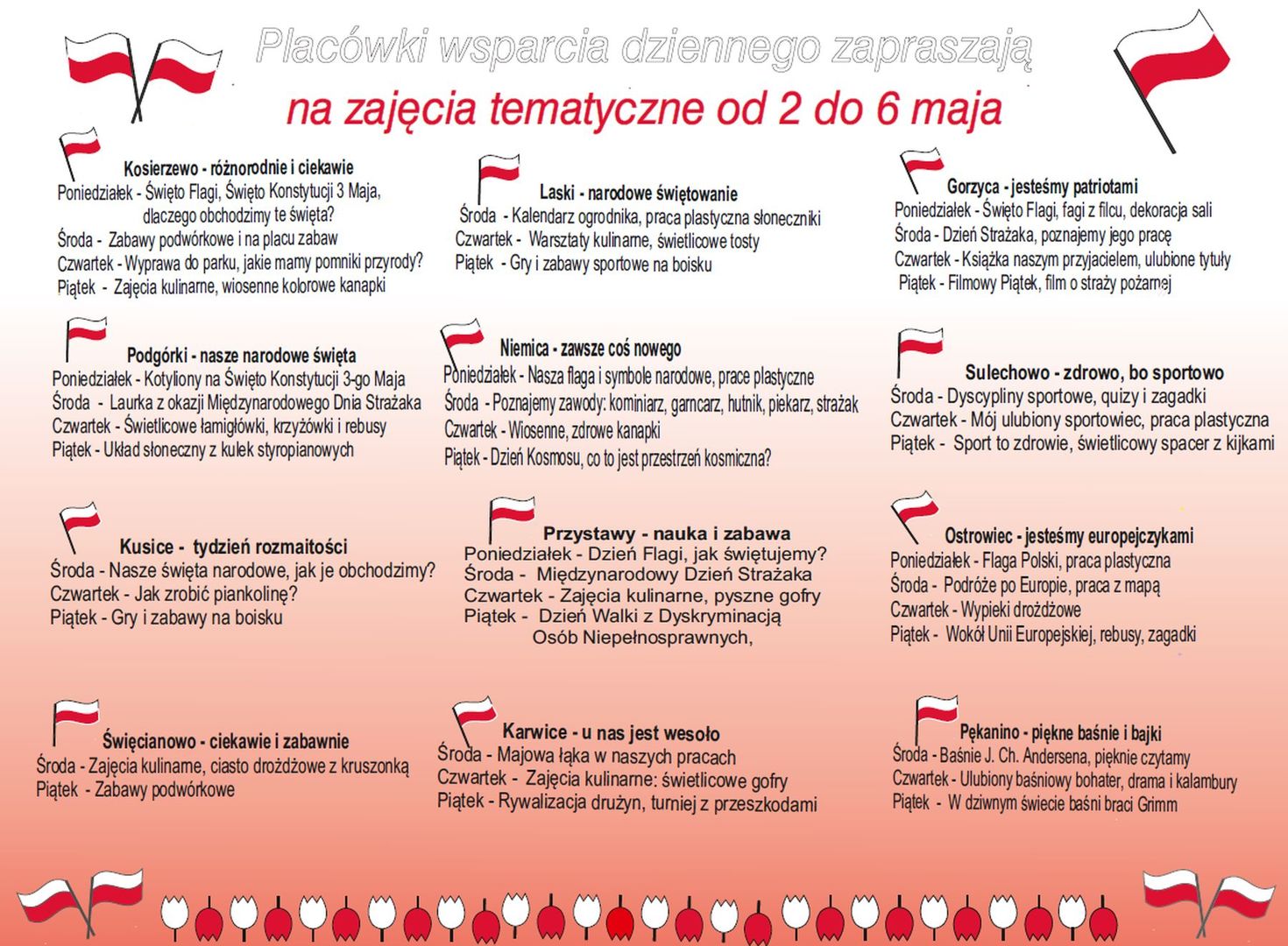 Harmonogram zajęć w Placówkach Wsparcia Dziennego w dniach 2-6 maja.
