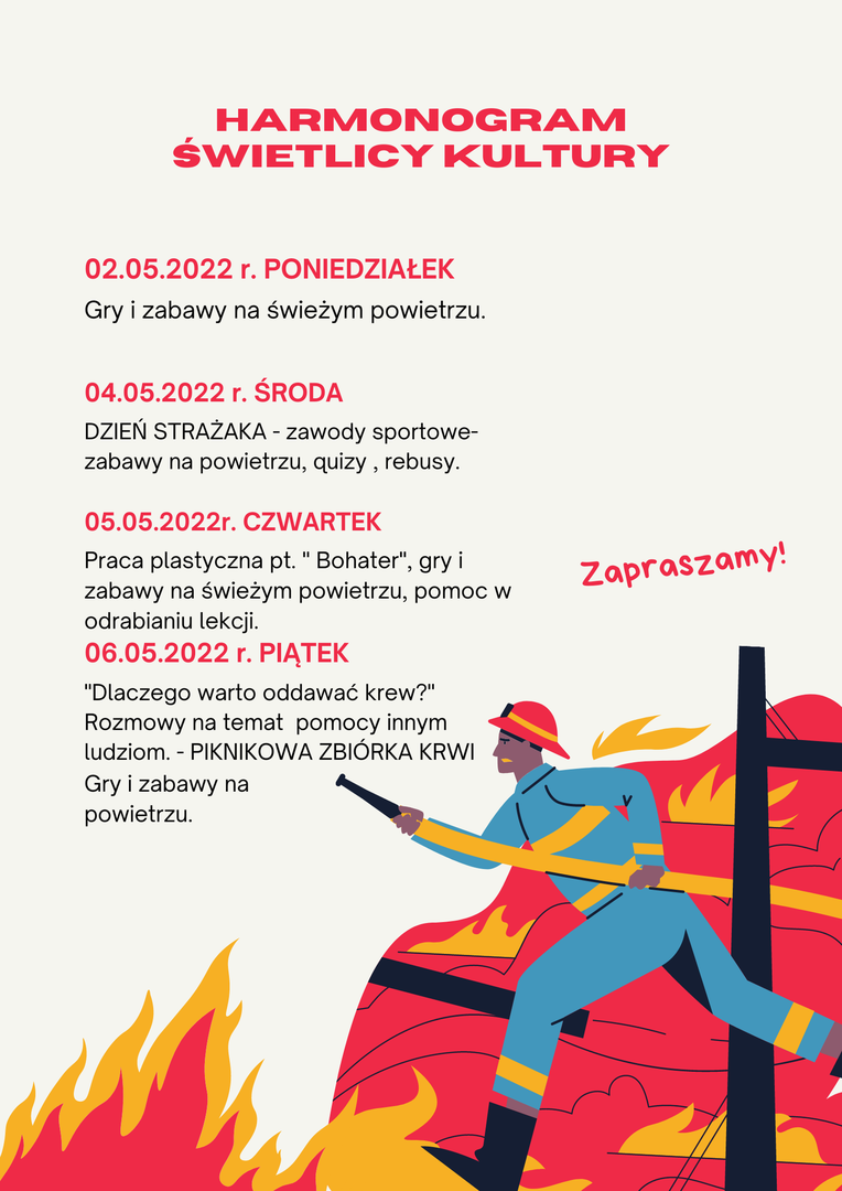 Harmonogram zajęć w Świetlicy Kultury w Malechowie w dniach 2, 4-6 maja.