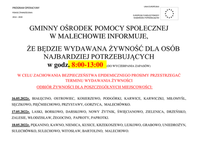 Informacja o wydawaniu żywności dla najbardziej potrzebujących.