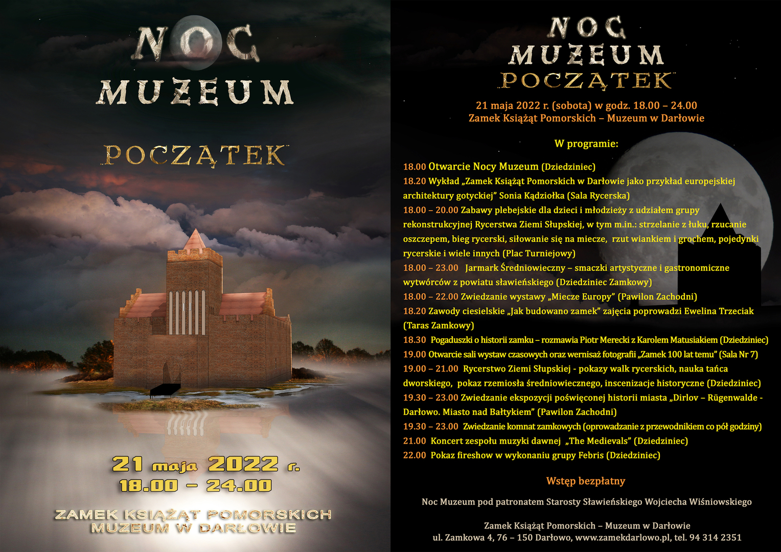 Plakat informujący o wydarzeniu w Zamku Książąt Pomorskich w Darłowie Noc Muzeum "Początek".
