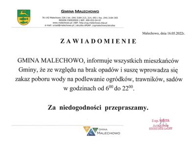 Zawiadomienie o zakazie poboru wody przez mieszkańców do celów ogrodniczych.