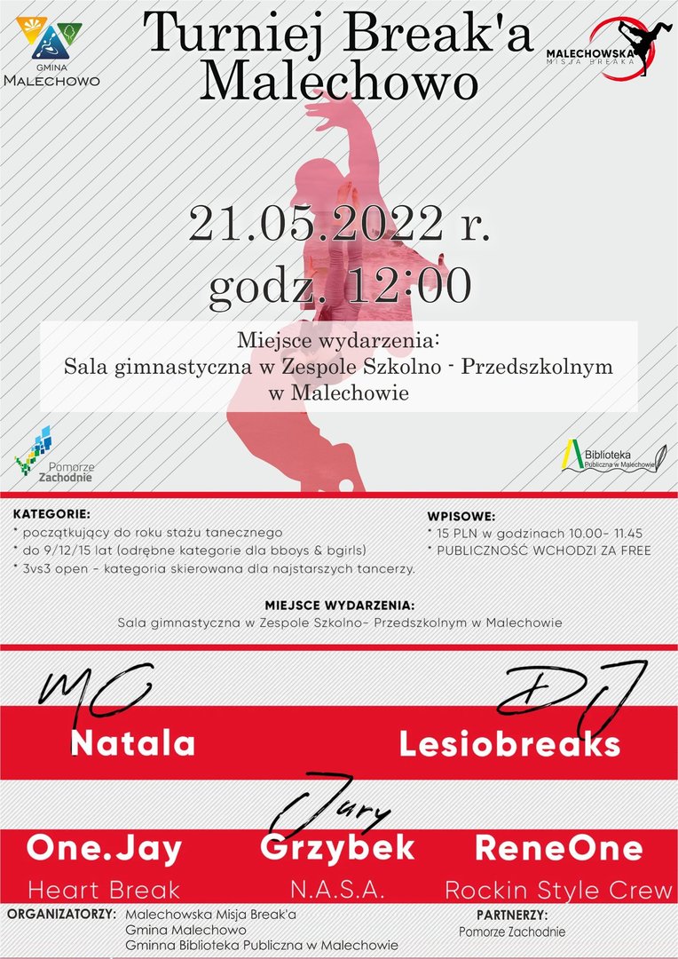 Plakat informujący o Turnieju Break'a w Malechowie.
