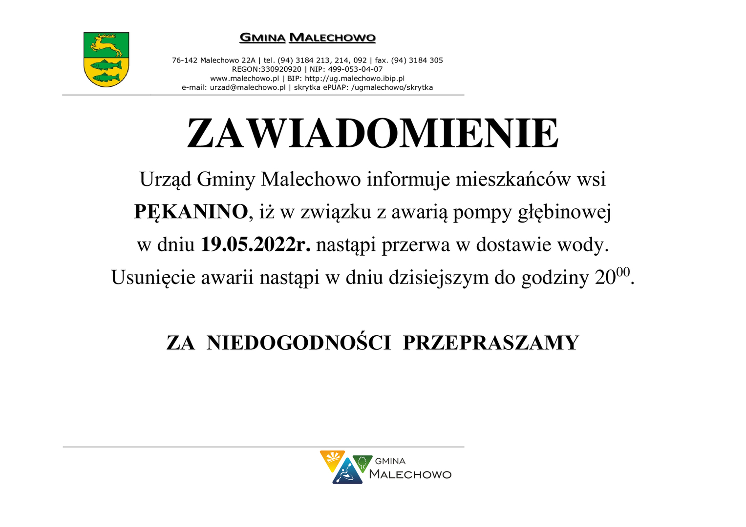 Zawiadomienie o przerwie w dostawie wody w Pękaninie.