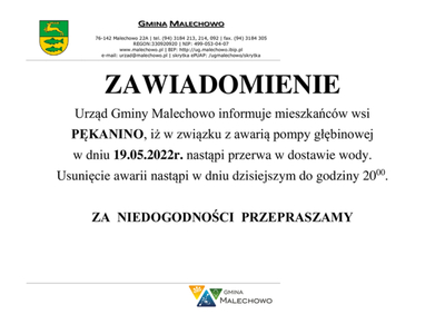 Zawiadomienie o przerwie w dostawie wody w Pękaninie.