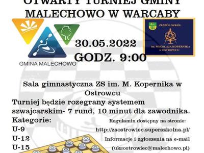 Plakat informujący o Otwartym Turnieju Warcabowym Gminy Malechowo.