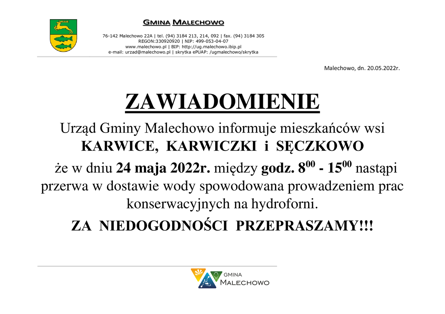 Zawiadomienie o przerwie w dostawie wody w dniu 24.05.2022 r. w miejscowościach Karwice, Karwiczki i Sęczkowo.