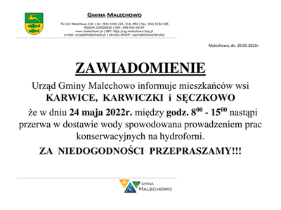 Zawiadomienie o przerwie w dostawie wody w dniu 24.05.2022 r. w miejscowościach Karwice, Karwiczki i Sęczkowo.