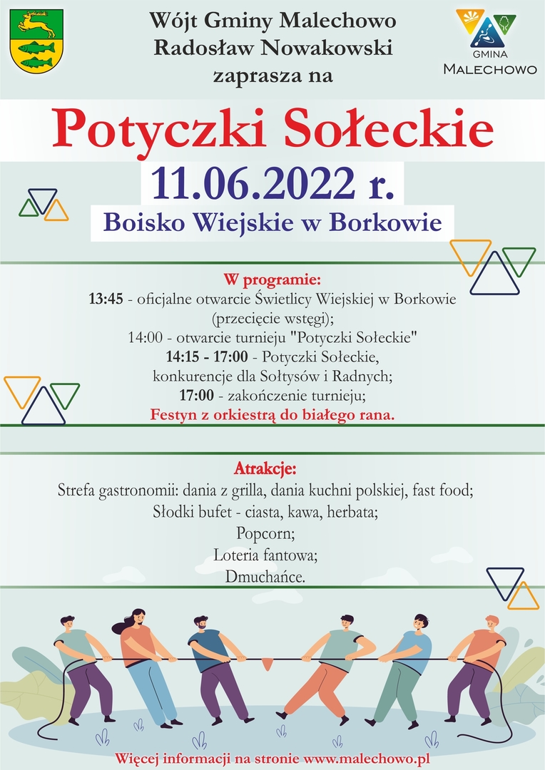 Plakat zapraszający do udziału w Potyczkach Sołeckich w Borkowie.