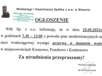 Informacja o przerwie w dostawie wody w miejscowości w Kosierzewie.